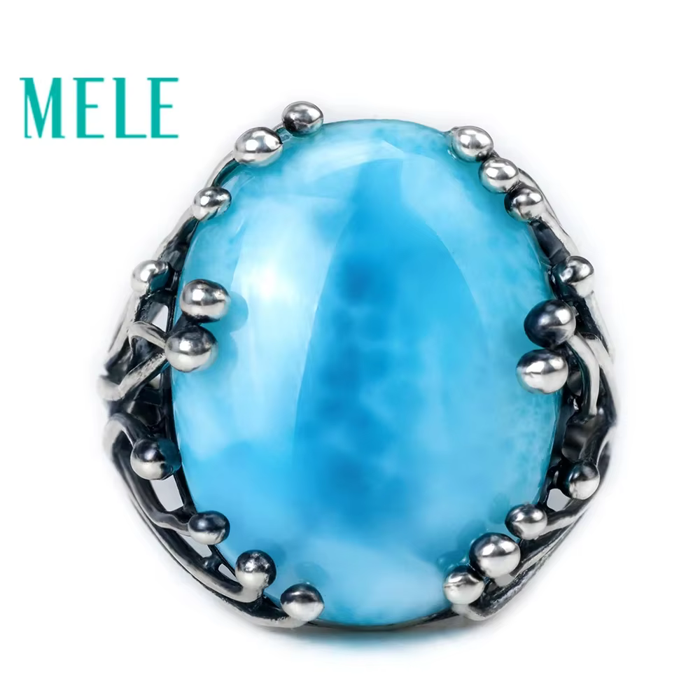 Bague naren argent 925 Larimar naturel pour hommes et femmes, bague bleue, bijoux fins, bague d'ouve