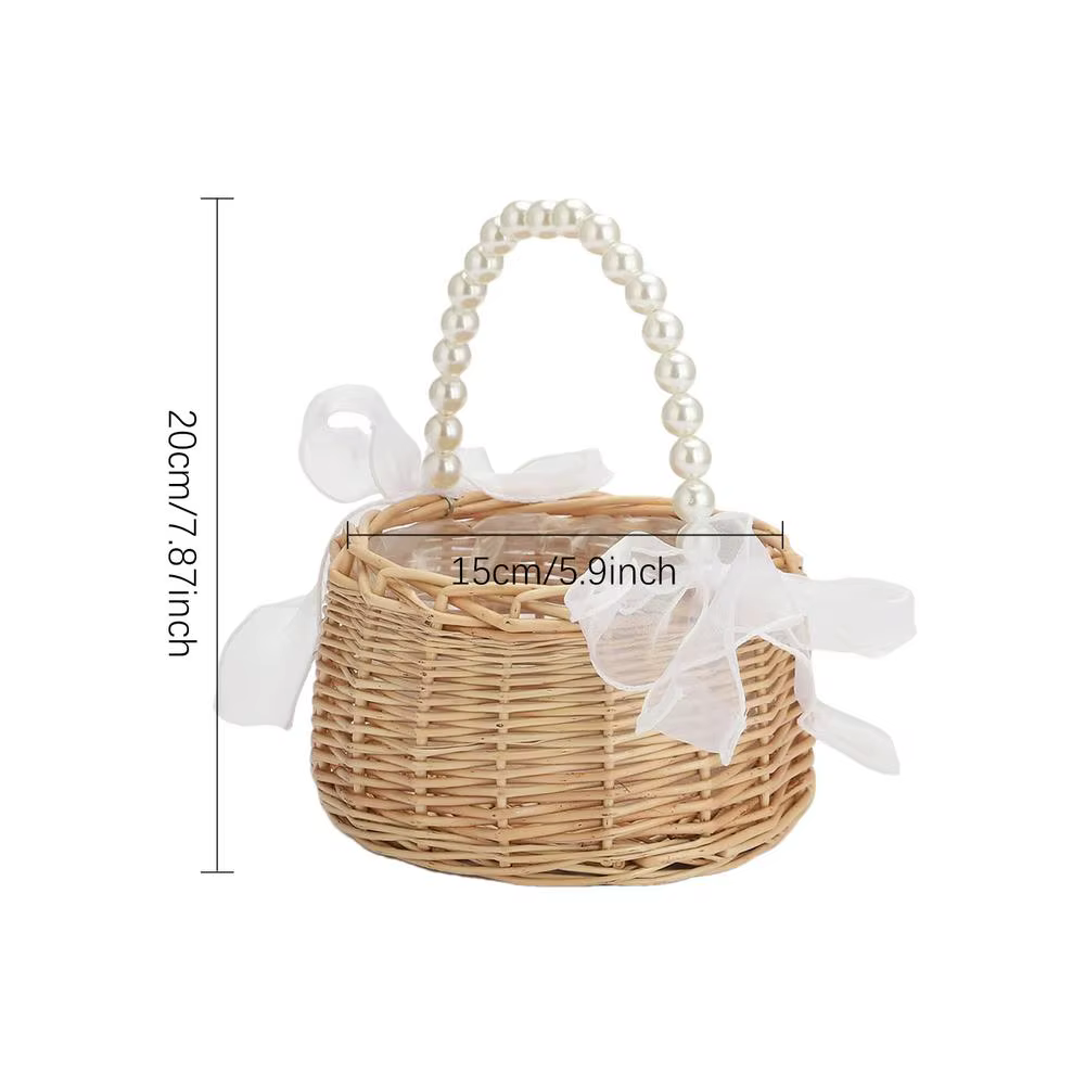 Panier enfant en rotin tressé avec poignée en perles et nœud, panier de Pâques tissé à la main, pani