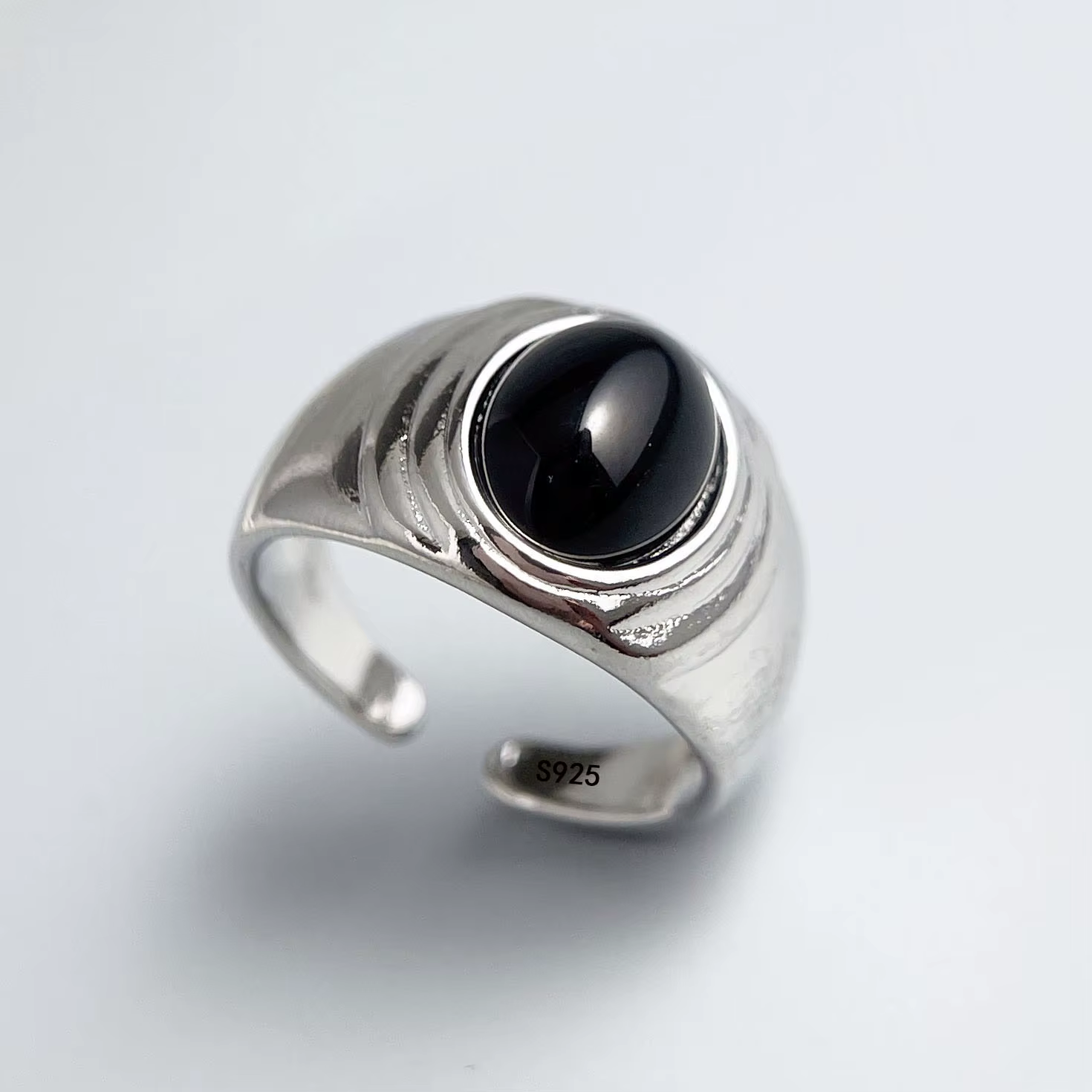 Bagues en argent sterling 925 pour femmes et hommes, double couche, grande pierre noire, bague ouver