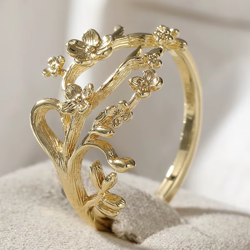 Bague vintage pour femme, motif branche et fleur sculptés à la main, en métal doré, géométrique, pou