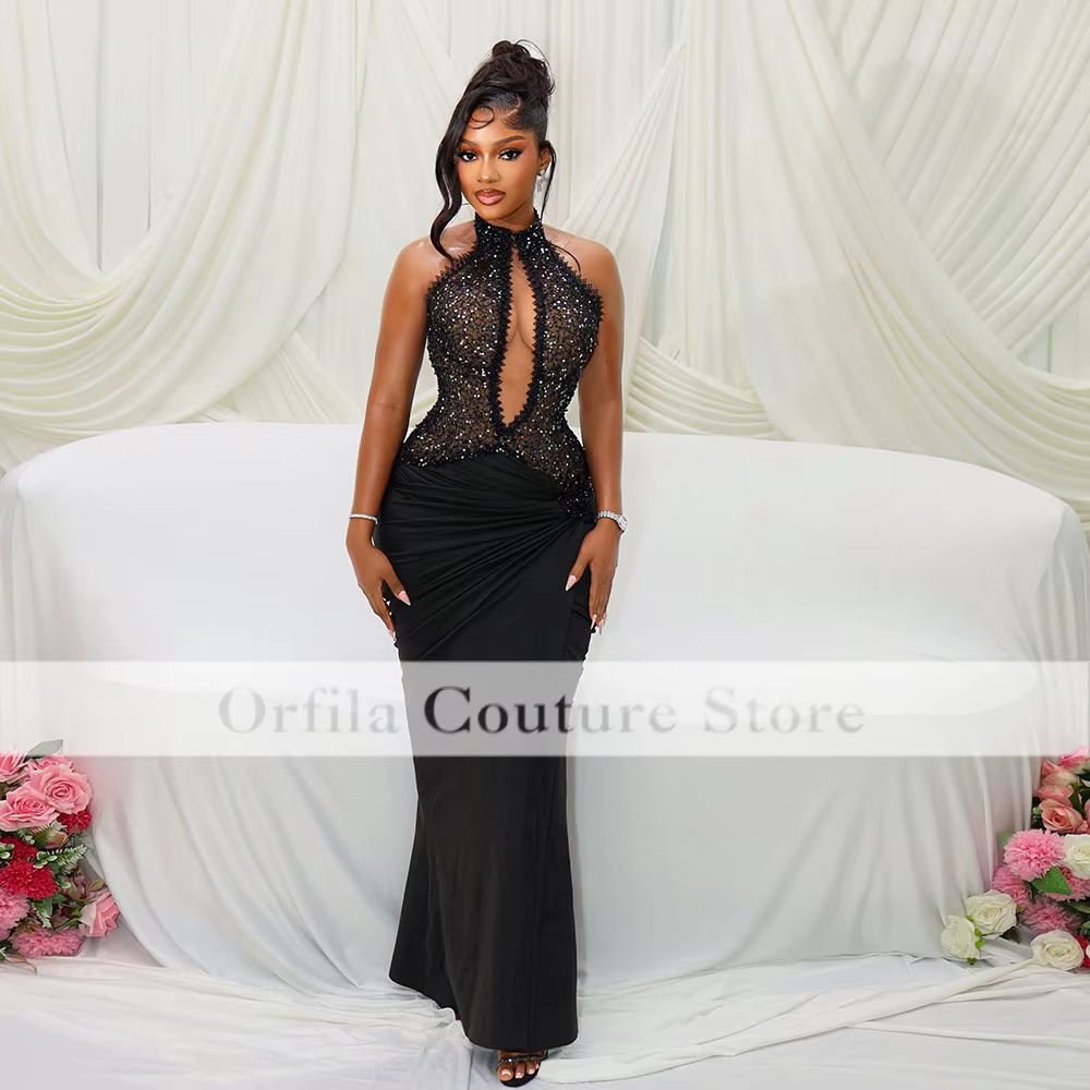 Robes de soirée sirène en satin avec perles et col halter, robes de bal, robes de mariée, robes de s