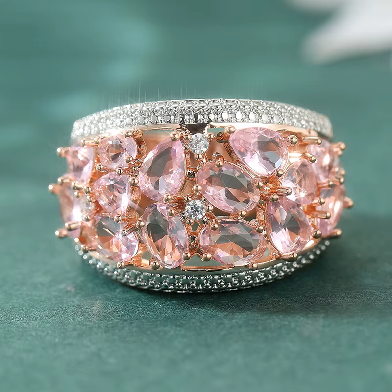 Bague de luxe en or rose entièrement pavée de zircone synthétique rose pour femme, élégante, romanti