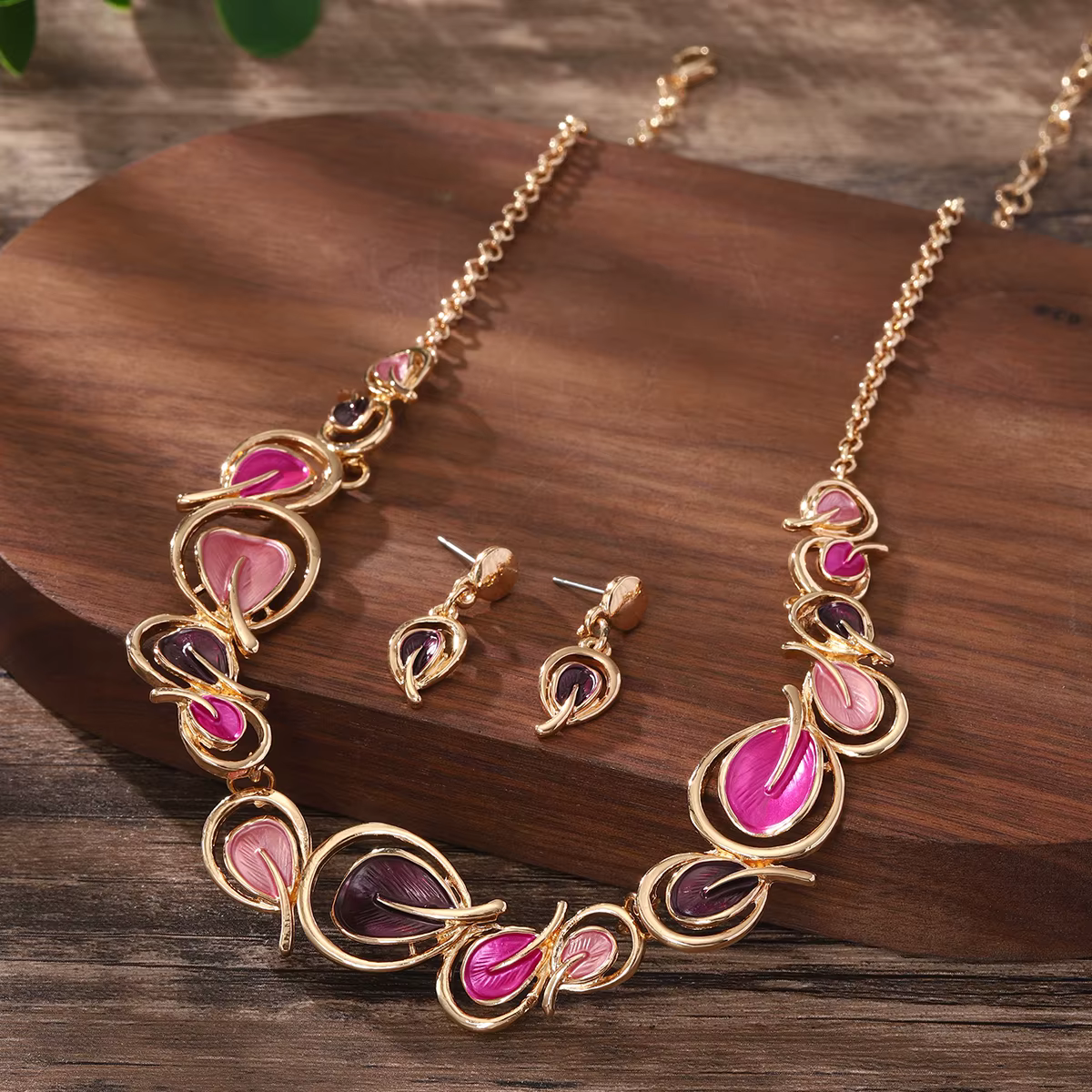 MeiceM – ensemble de bijoux en alliage de zinc émaillé, en forme de feuille rose, style élégant, col