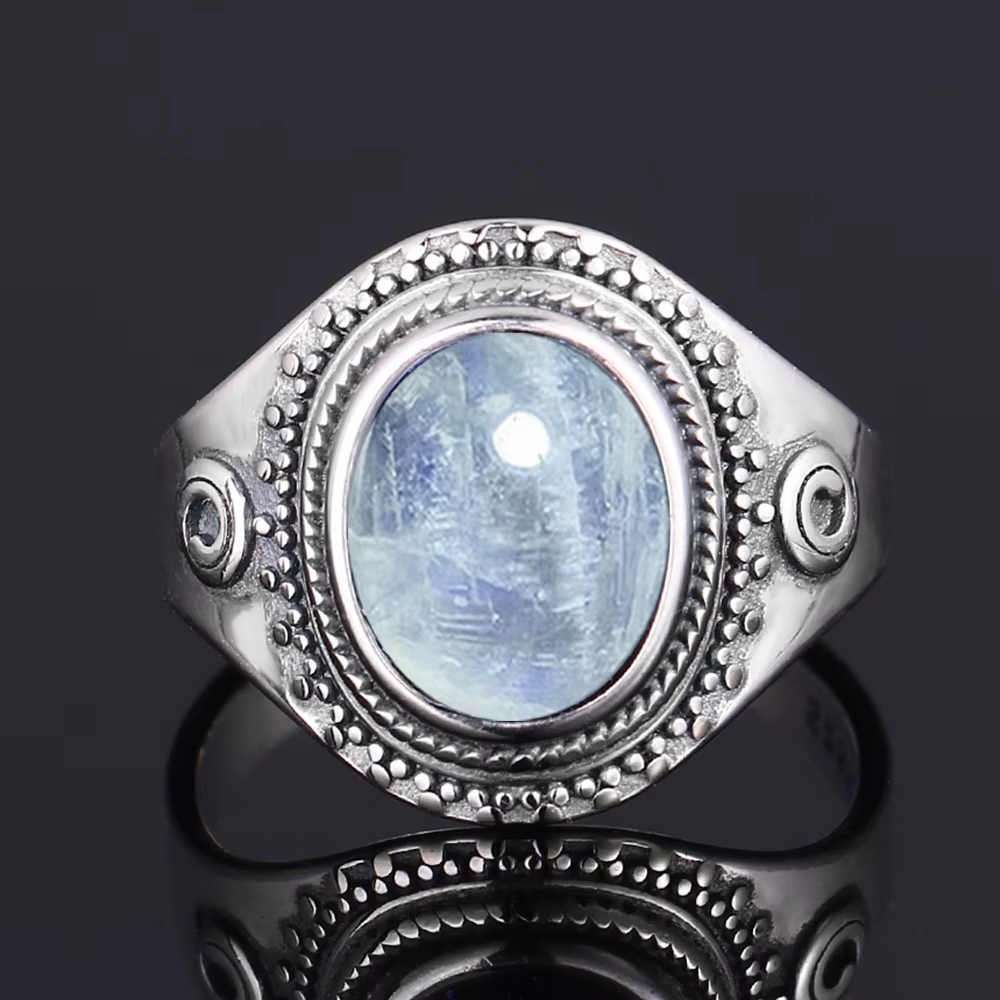 Bague en argent avec pierres précieuses, grande ovale 8*10MM, pierre de lune naturelle, turquoise, œ