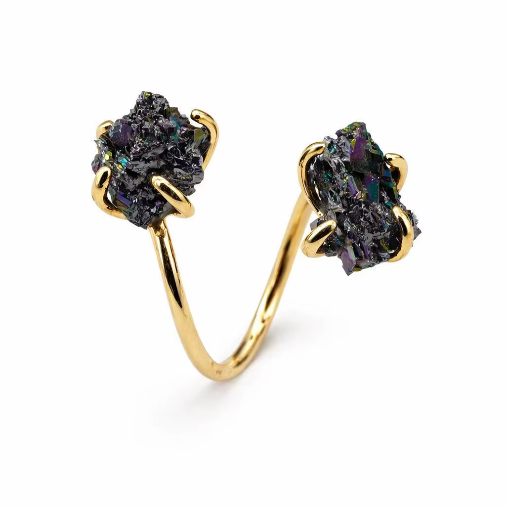 Bague ouverte réglable en cristal brut naturel arc-en-ciel, sertie de griffes, couleur or, bijoux en