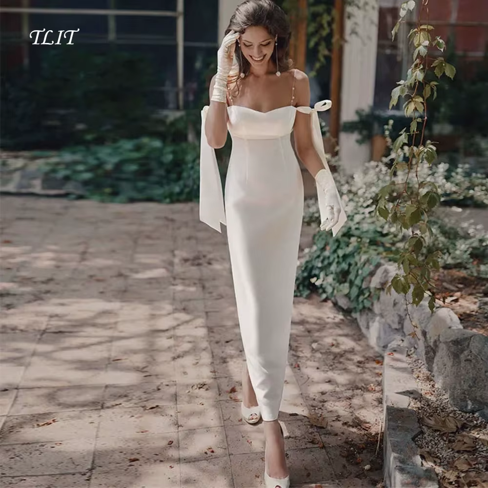 Robes de mariée sirène simples en satin de soie blanc TLIT, personnalisées, avec décolleté cœur, épa