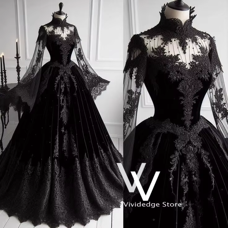 Robes de mariée gothiques noires vintage, style médiéval classique, en velours ajouré transparent, c