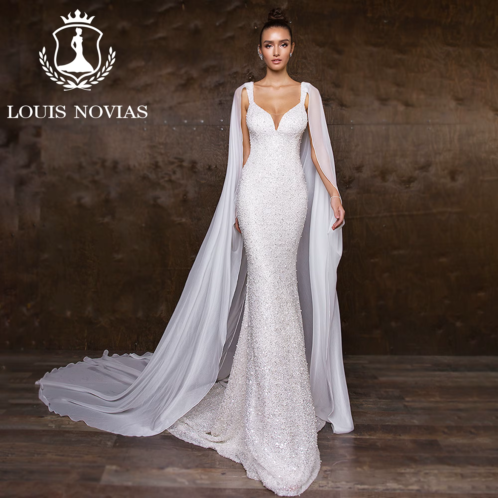 LOUIS NOVIAS robe De mariée Style sirène bretelles Spaghetti Mit Cape cristal paillettes robe De mar