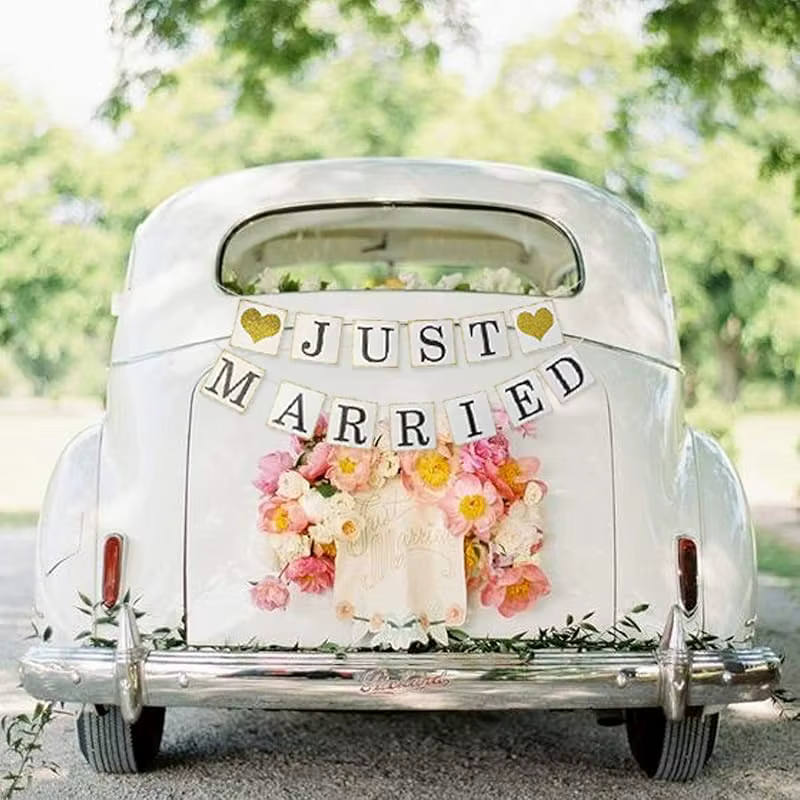 Décorations de voiture de bannière juste marié, guirlande de signe de mariage à paillettes dorées po