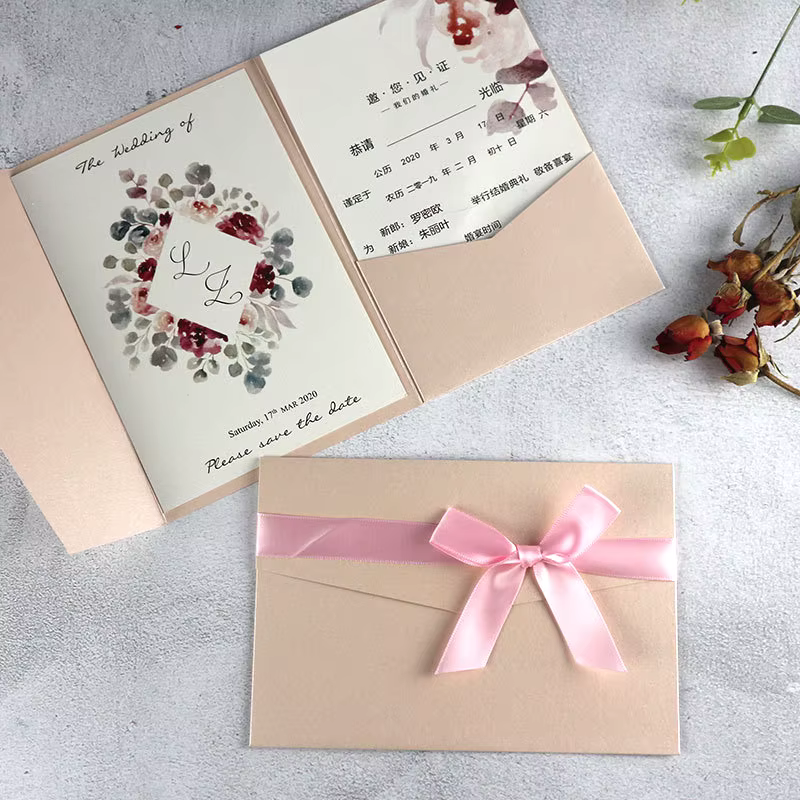 25 Set Tri-fold Pocket Rose Carte D'invitation De Mariage À L'étranger Chinois Fiançailles XV Annive