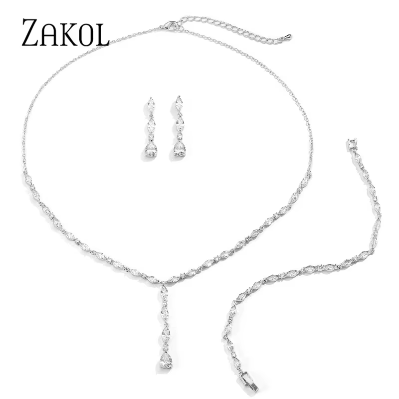 ZAKOL brillant cristal zircone boucles d'oreilles collier Bracelets 3 pièces ensemble de bijoux pour