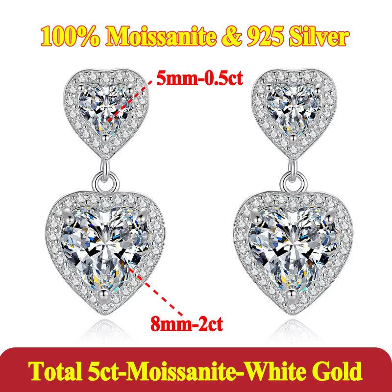 Boucles d'oreilles de luxe en forme de cœur pour femmes, 5ct Moissanite, plaqué 18 carats, en argent