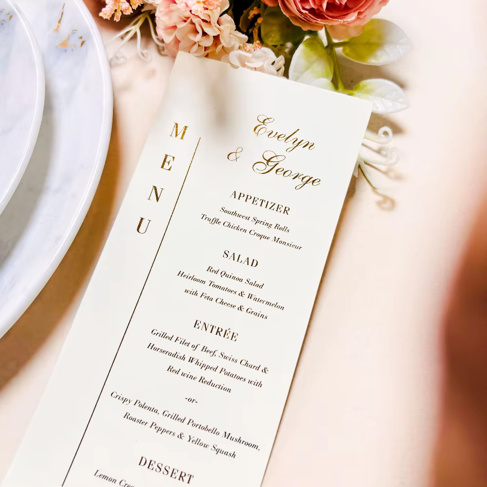 Menu de mariage avec texte en feuille d'or, Invitations de mariage, décor de Table, cartes de luxe, 