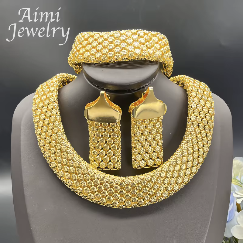 Ensemble de bijoux africains à la mode pour femmes, collier épais, boucles d'oreilles, Bracelet, pla