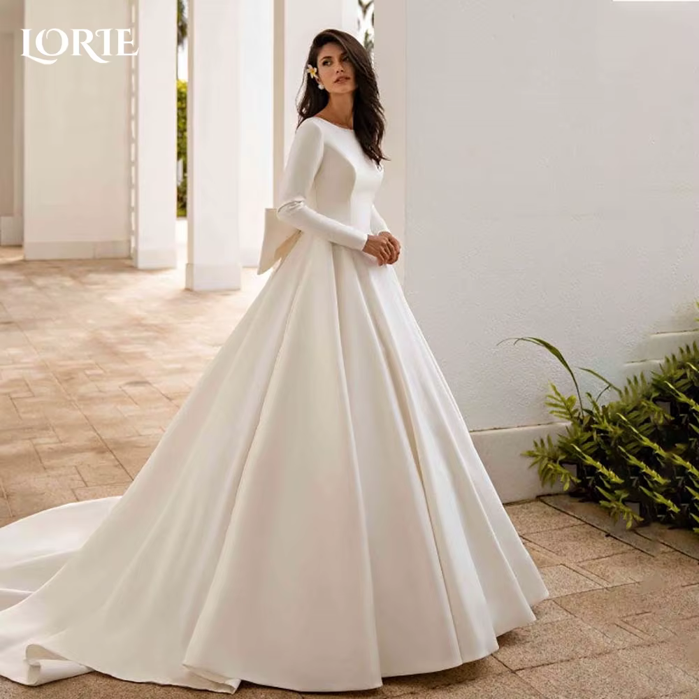 LORIE-Robe de Mariée en Satin à Manches sulf, Élégante, Simple, Col Rond, Dos Ouvert, Ligne A, Patie