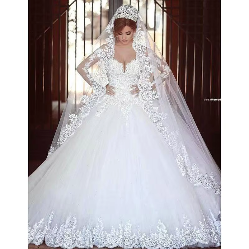 Robe de mariée Style palais, col en v, dentelle, manches longues, tempérament élégant, coupe cintrée