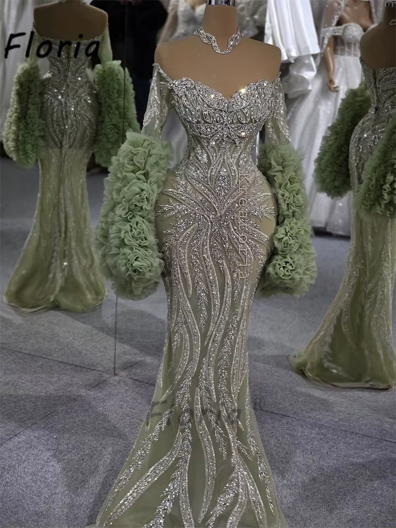 Robe de soirée vert émeraude de célébrité, manches longues à volants, robe de mariée sirène ornée de