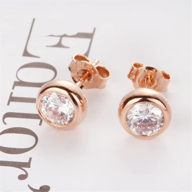 Boucles d'oreilles brillantes en diamant rond plaqué or rose violet 14 carats pour femmes, goujon cl
