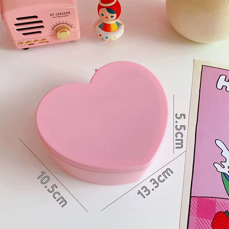 Boîte de rangement de bijoux en forme de cœur avec miroir pour filles, bracelets en plastique rose e