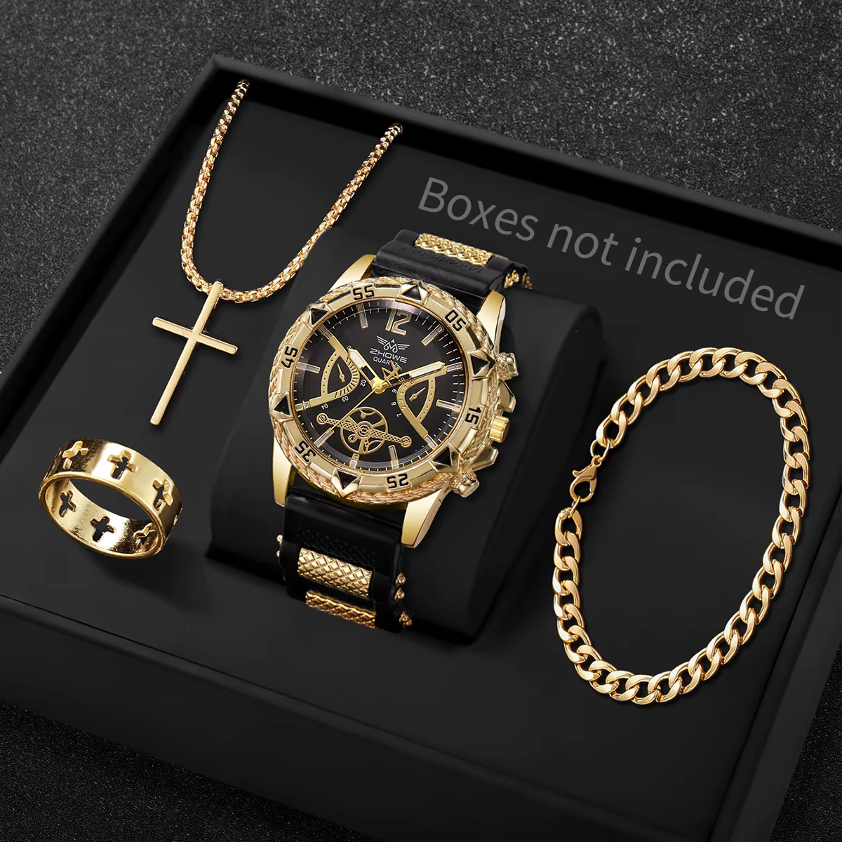 Kit de montre sport de luxe pour homme avec cadran ajouré et accents dorés, montre-bracelet et bijou