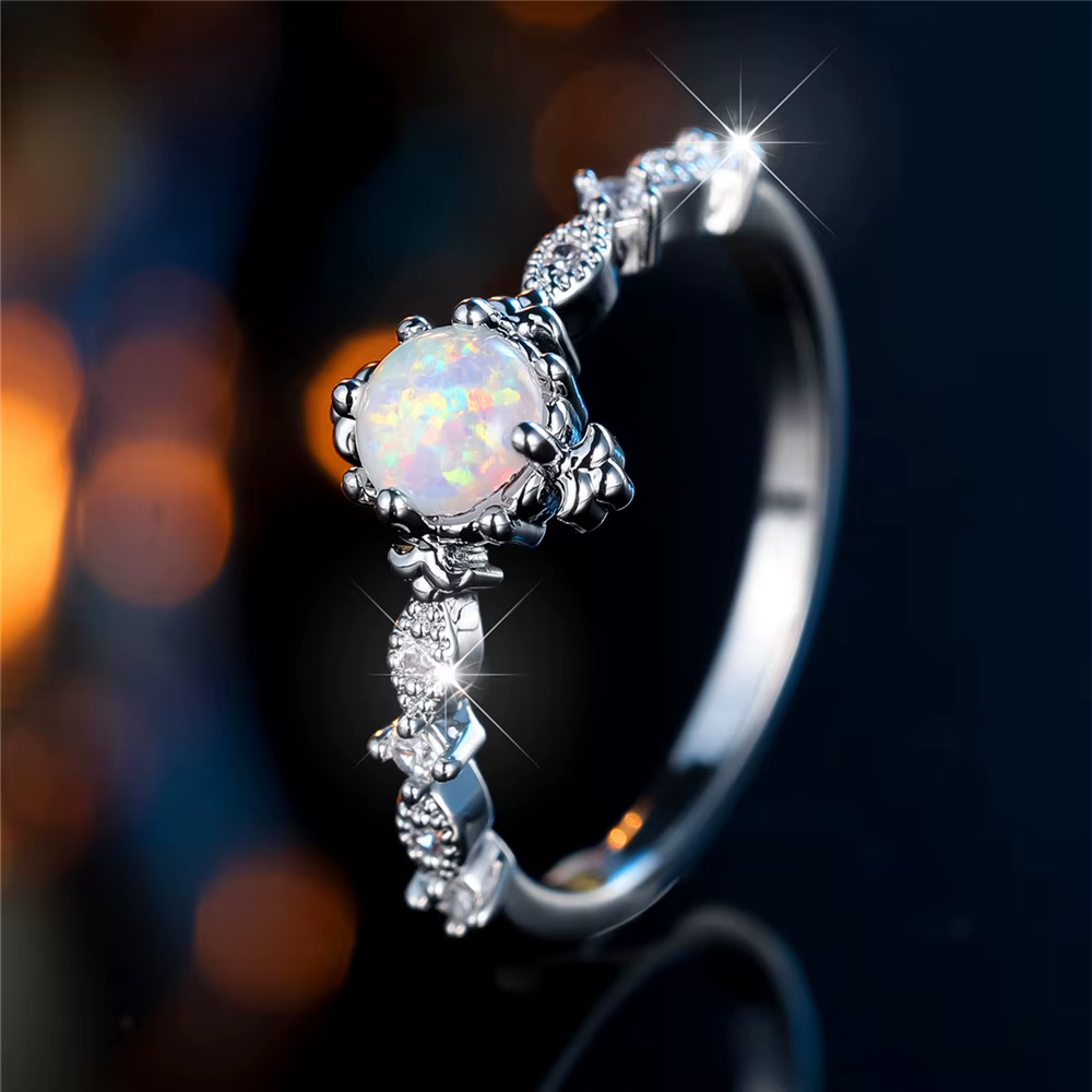 Bague ronde en pierre d'opale pour femme, bijoux de mariage, breloque en argent, cadeau mignon, docu