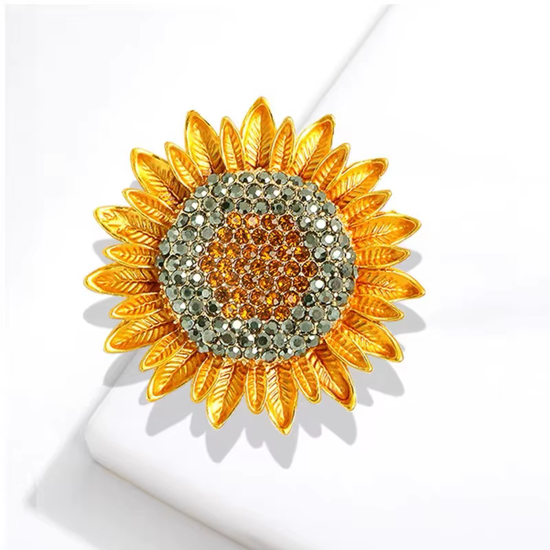 Broches de luxe en émail jaune tournesol pour femmes, strass plante marguerite lune fleur épinglette