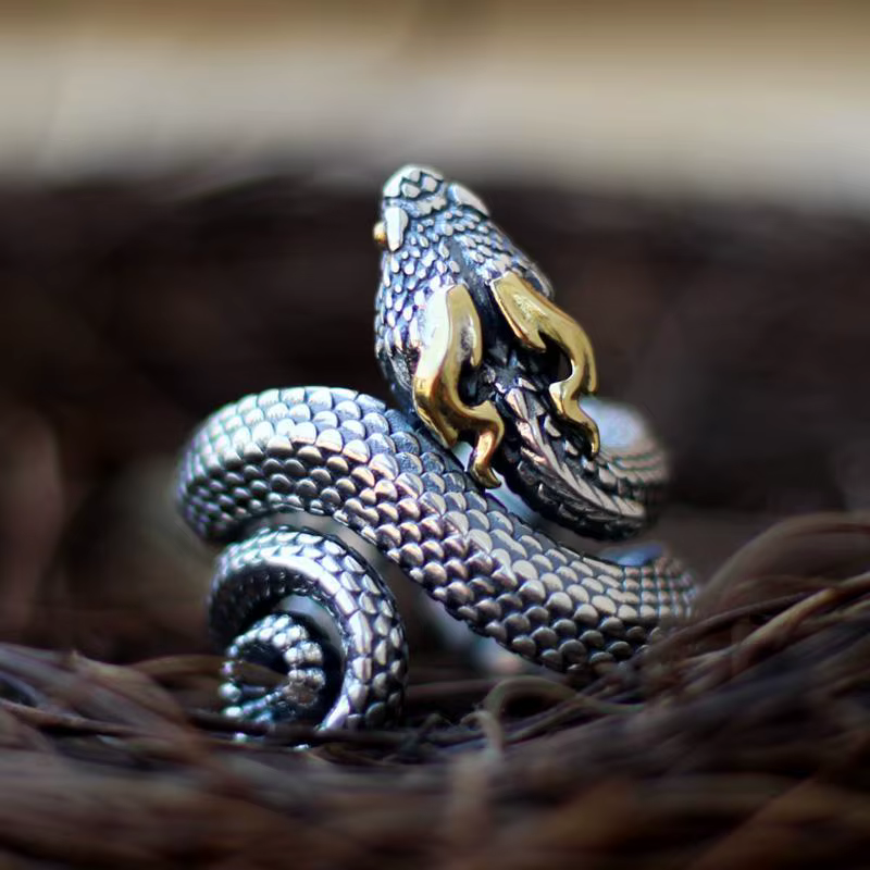 Bague serpent corne en forme de vipère, anneau ouvert et réglable pour hommes, bijoux serpent de Sty