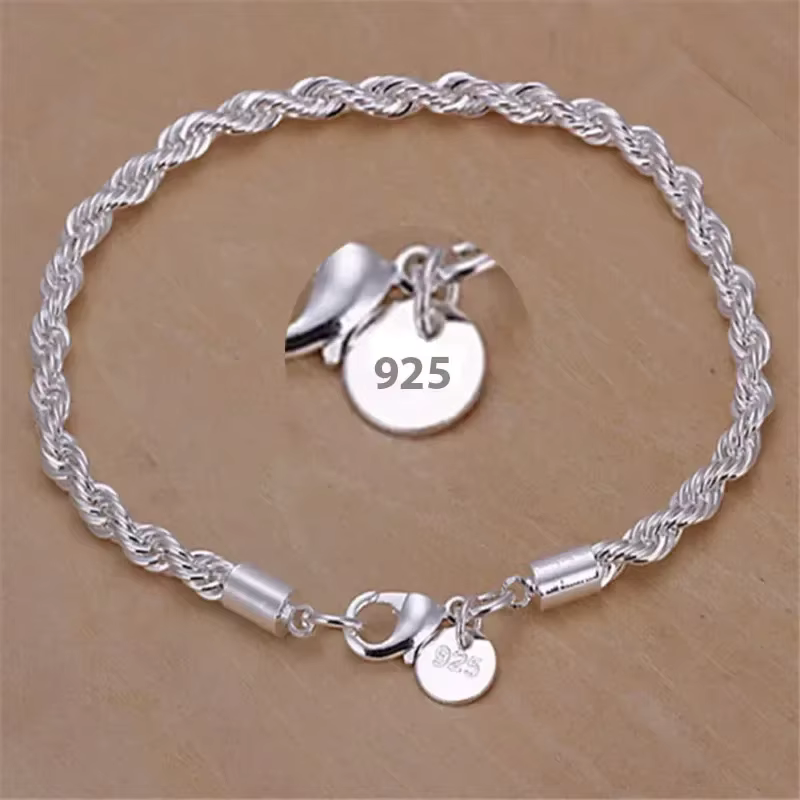 Bracelet en argent Sterling 925, 4mm, 20cm, chaîne latérale plate, fermoir mousqueton pour femmes et