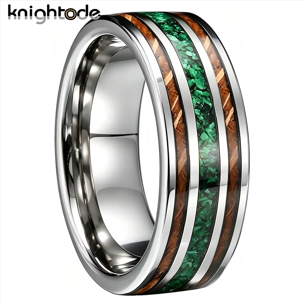 Bague en tungstène de 8 mm pour homme et femme avec incrustation de pierre verte concassée et de boi