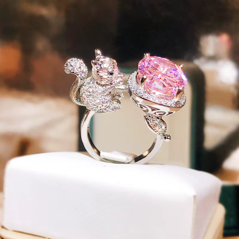 Bague plaquée argent 2024 pour femmes, anneau créatif en Zircon rose écureuil par bouche, bijoux rég