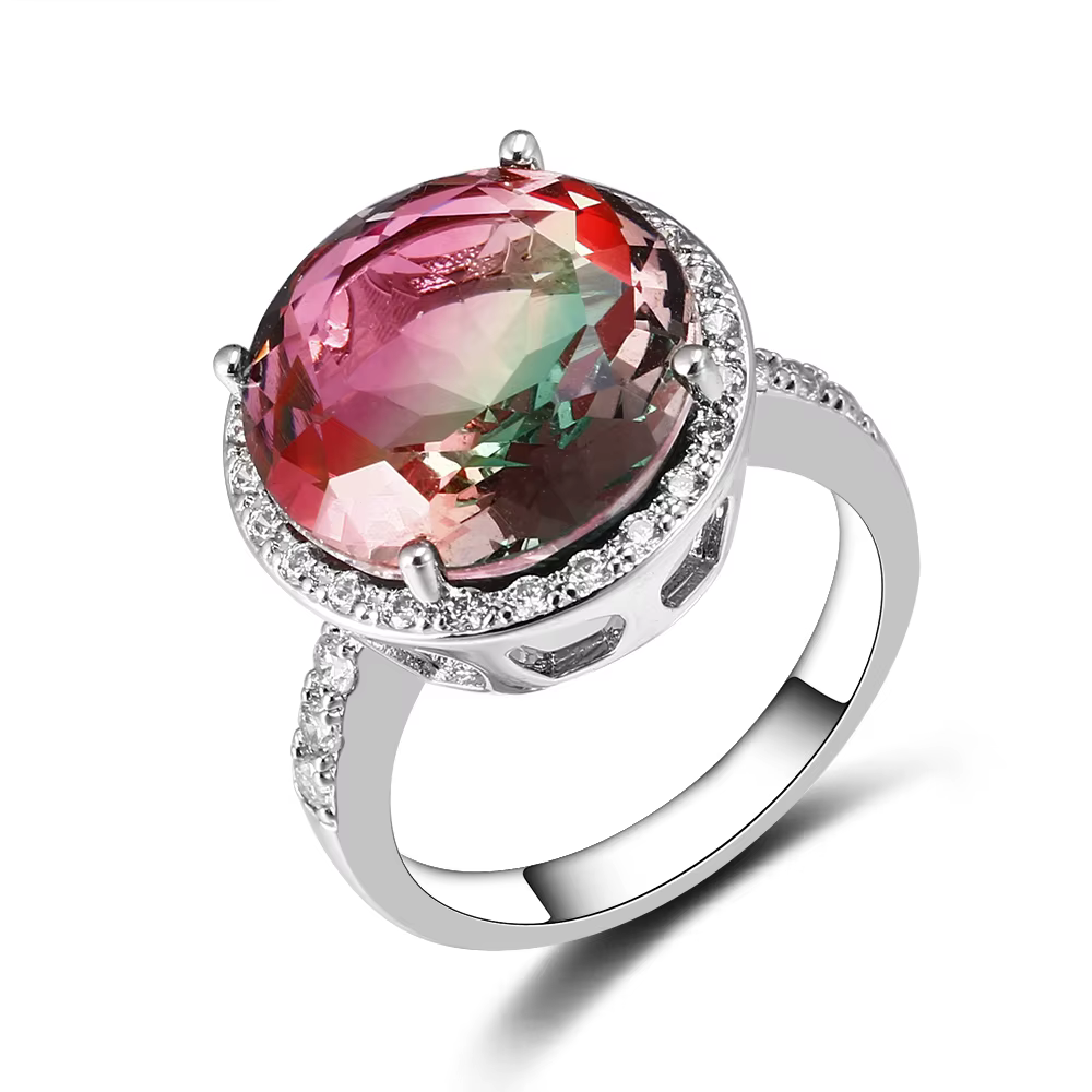 Grande bague ronde en Tourmaline multicolore bleue pour femmes, couleur argent, Zircon, bijoux de fi