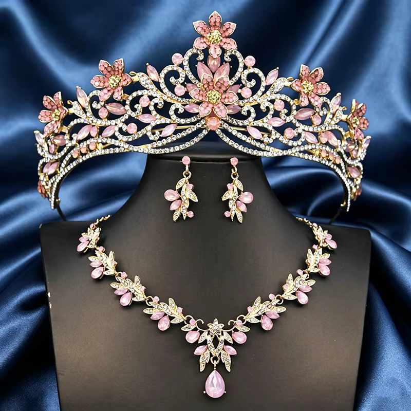 Parures de bijoux de mariage Princesse Fleur pour femmes, diadèmes et colliers boucles d'oreilles, c