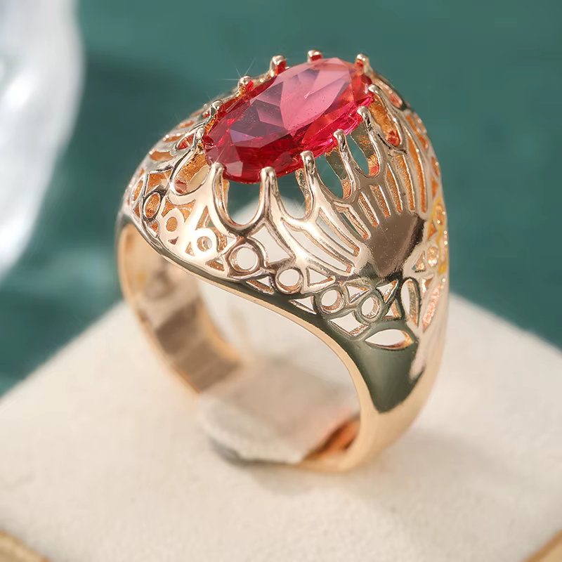 Bague ovale rouge en zircone synthétique incrustée, sculptée à la main, creuse, pour femmes, mode vi
