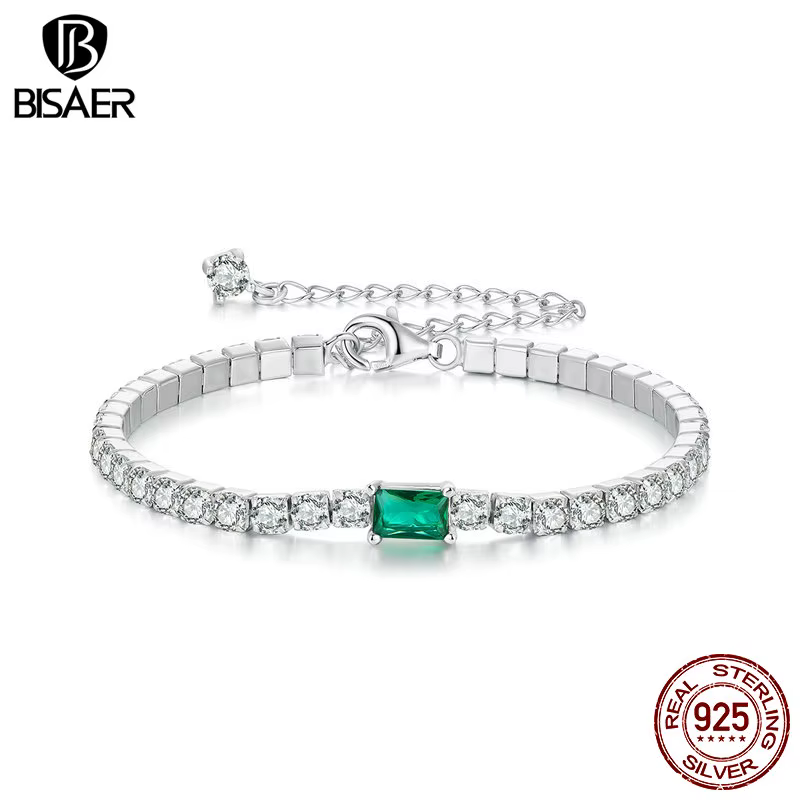 BISAER-Bracelet vert émeraude en argent regardé 925 pour femme, sertissage pavé, plaqué or blanc, bi