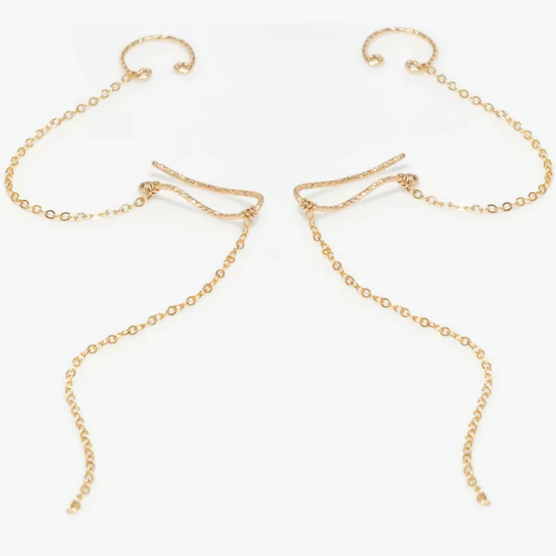 Boucles d'oreilles grimpantes en or 14K, faites à la main, avec chaîne, style manchette d'oreille, b