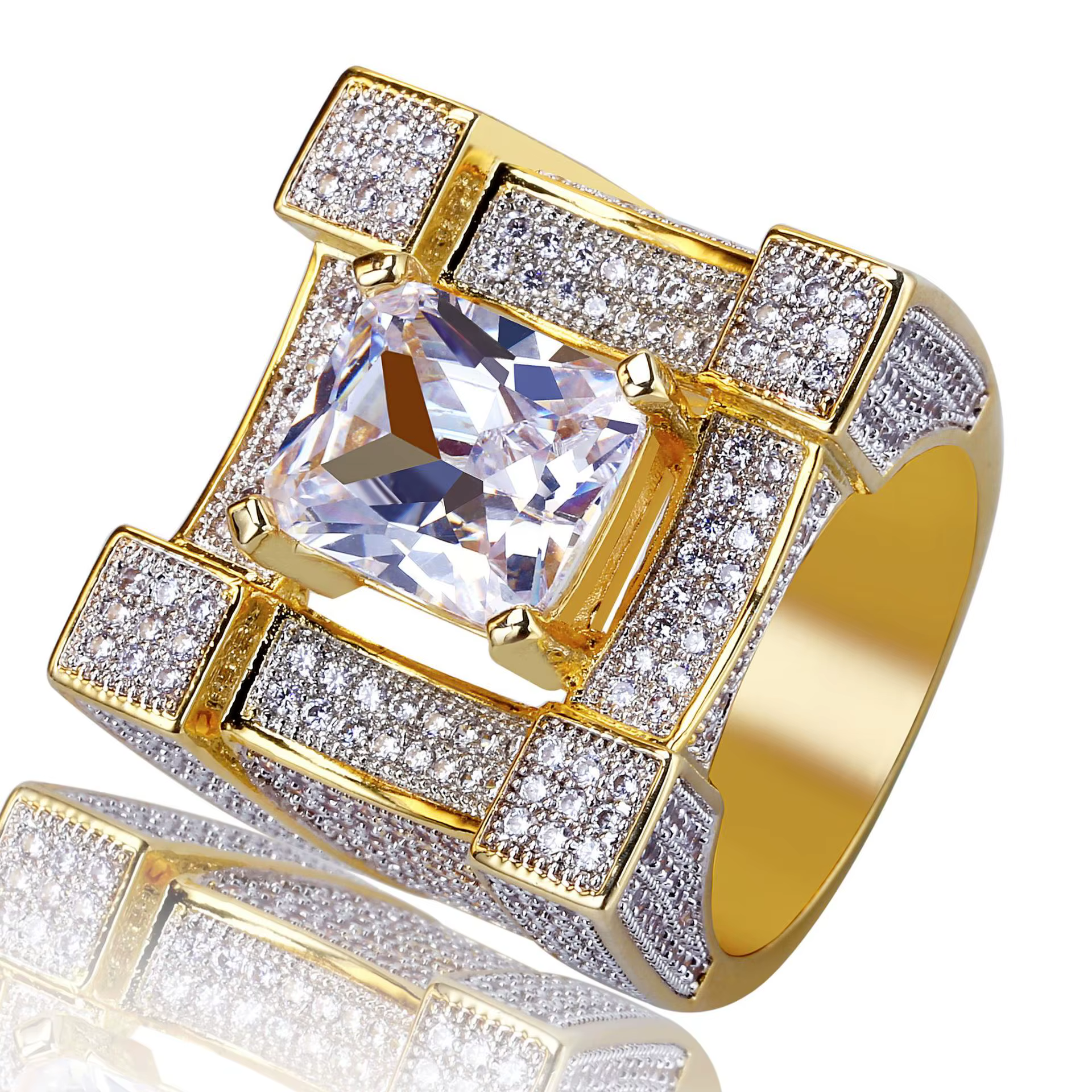 Nouvelle bague hip-hop large dorée en zircone cubique effet glace, bijou géométrique pour homme, sty