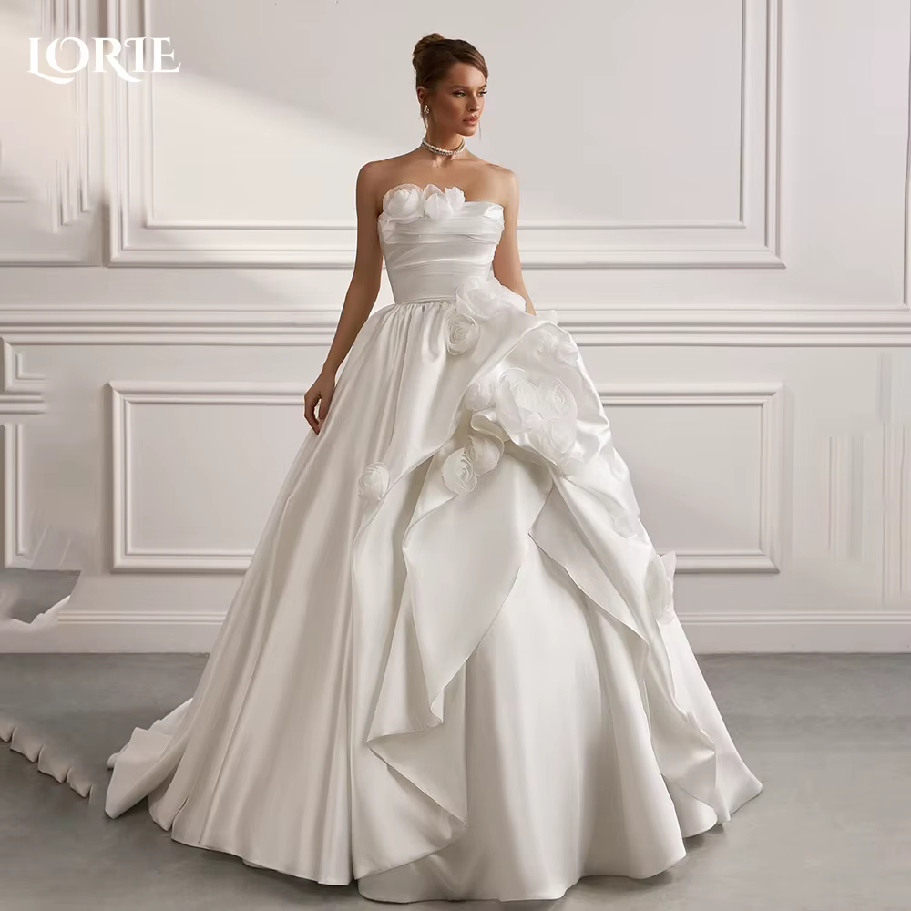 LORIE Vintage 3D fleurs robes de mariée froncé bretelles bouffée a-ligne robe de mariée plis princes