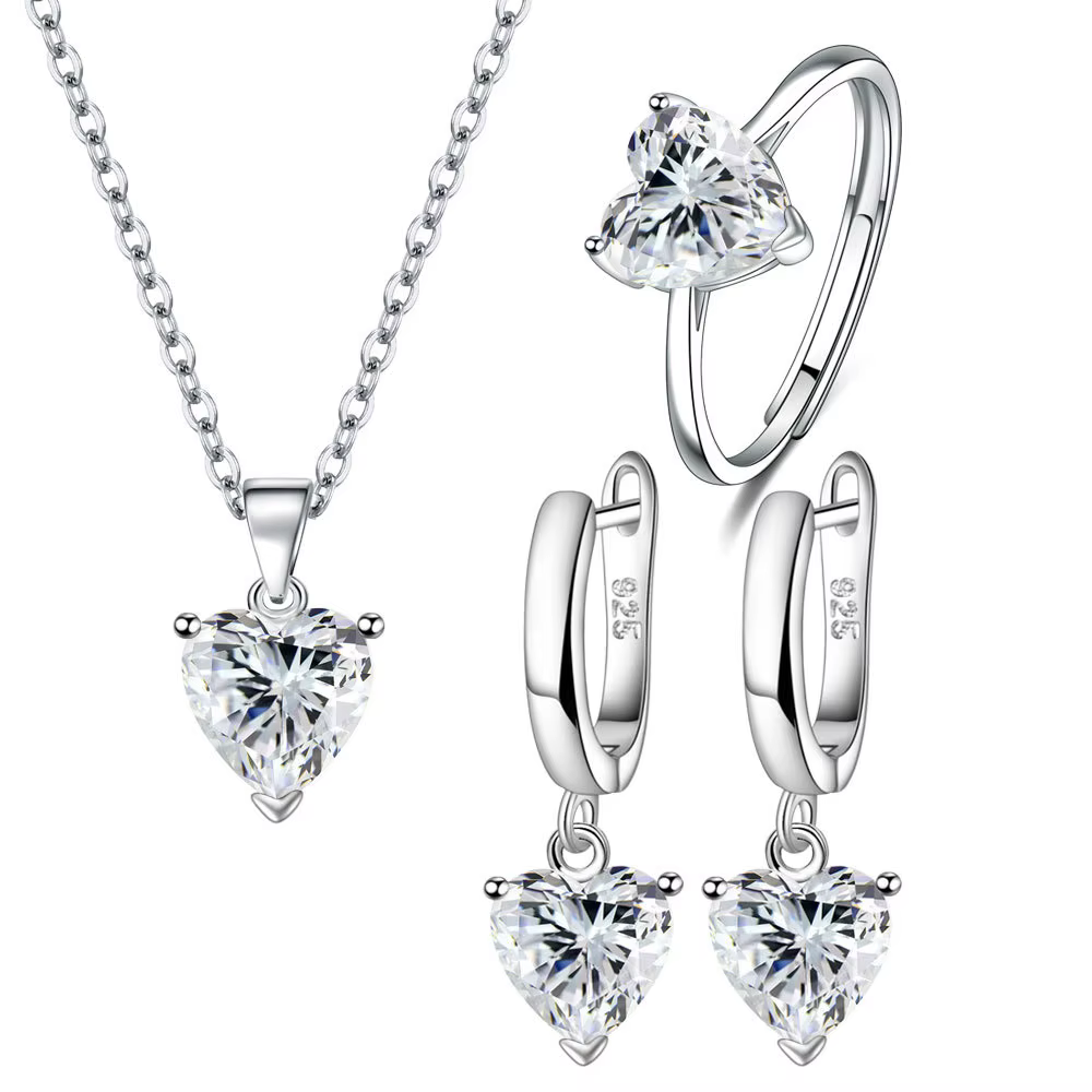 Ensemble de bijoux en argent 925 en Zircon en forme de cœur, bague élégante pour femmes, boucles d'o