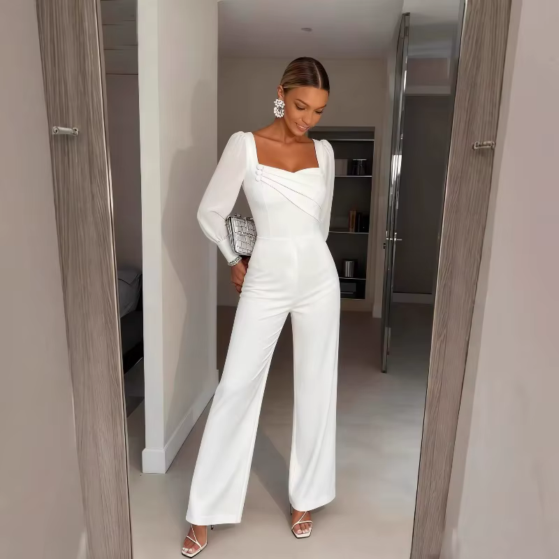 Combinaison blanche pour femme à col carré, manches longues bouffantes, en mousseline transparente, 