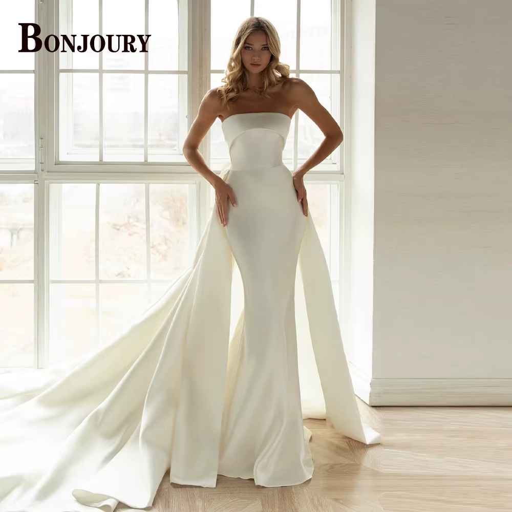 BONJOURY Robe De mariée Chic pour femmes, style sirène, fermeture éclair, nœud papillon, sans manche