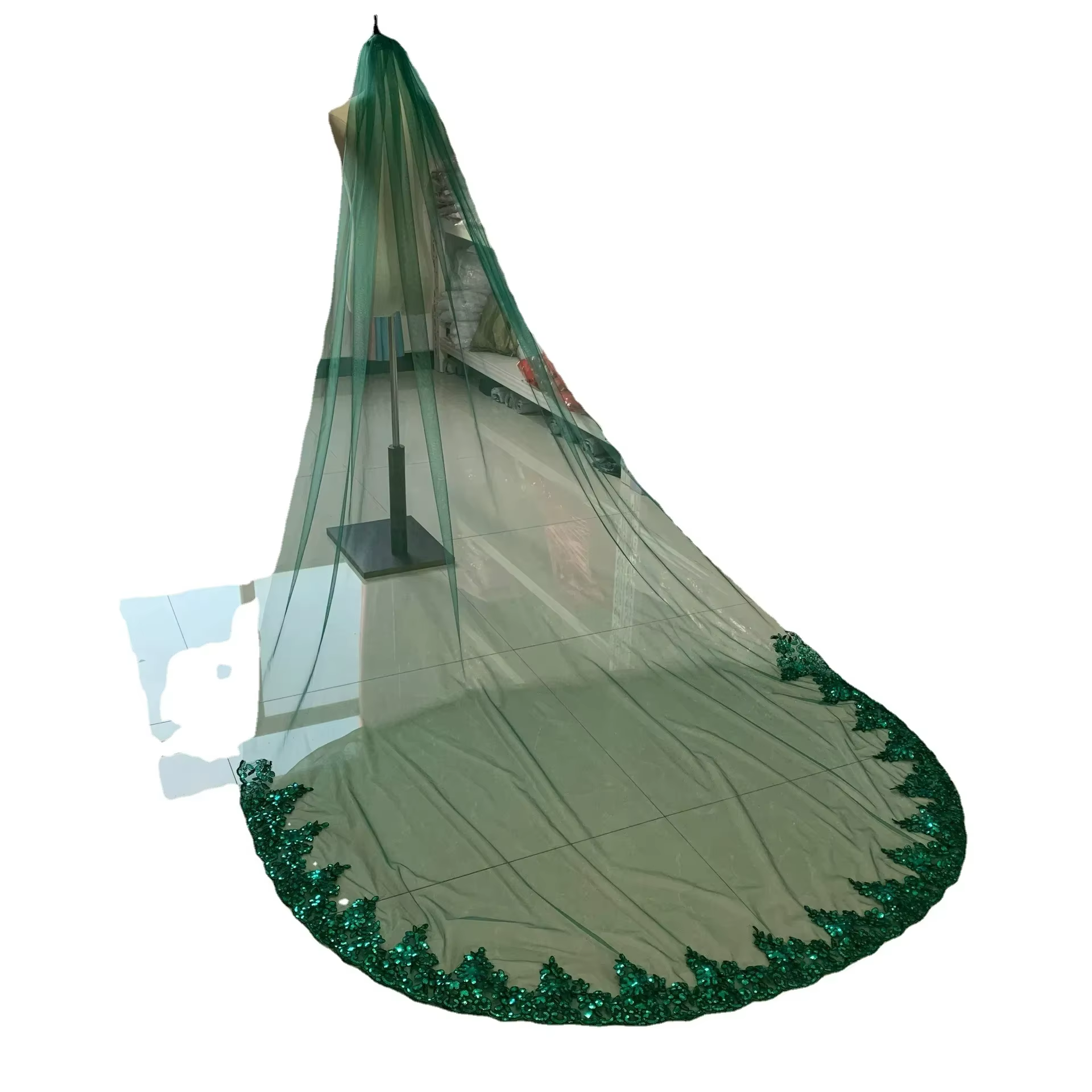 Voile de mariée cathédrale musulmane verte, longue dentelle, bord à paillettes, avec peigne, accesso