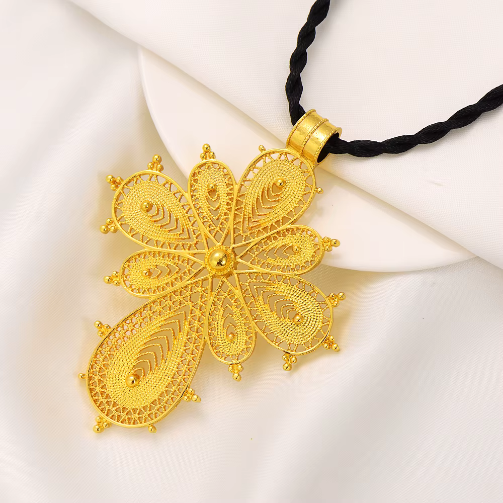 Bijoux croix éthiopiens plaqués or pour femmes, collier, bague, boucles d'oreilles, ensembles érythr