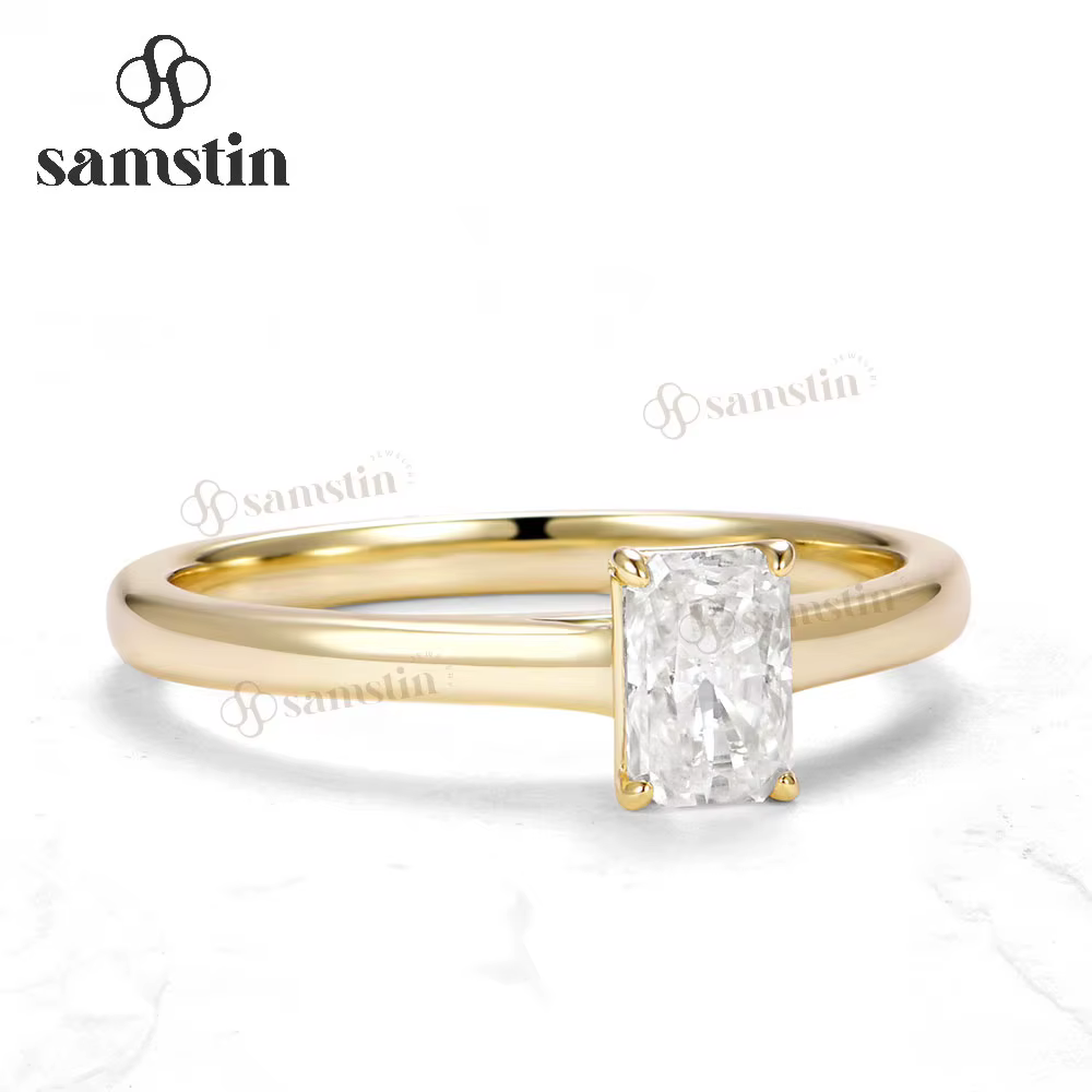 Bague Samstin en or jaune massif 14K 10K 585 avec diamants de laboratoire NGIC taille radiant 0,5 ca