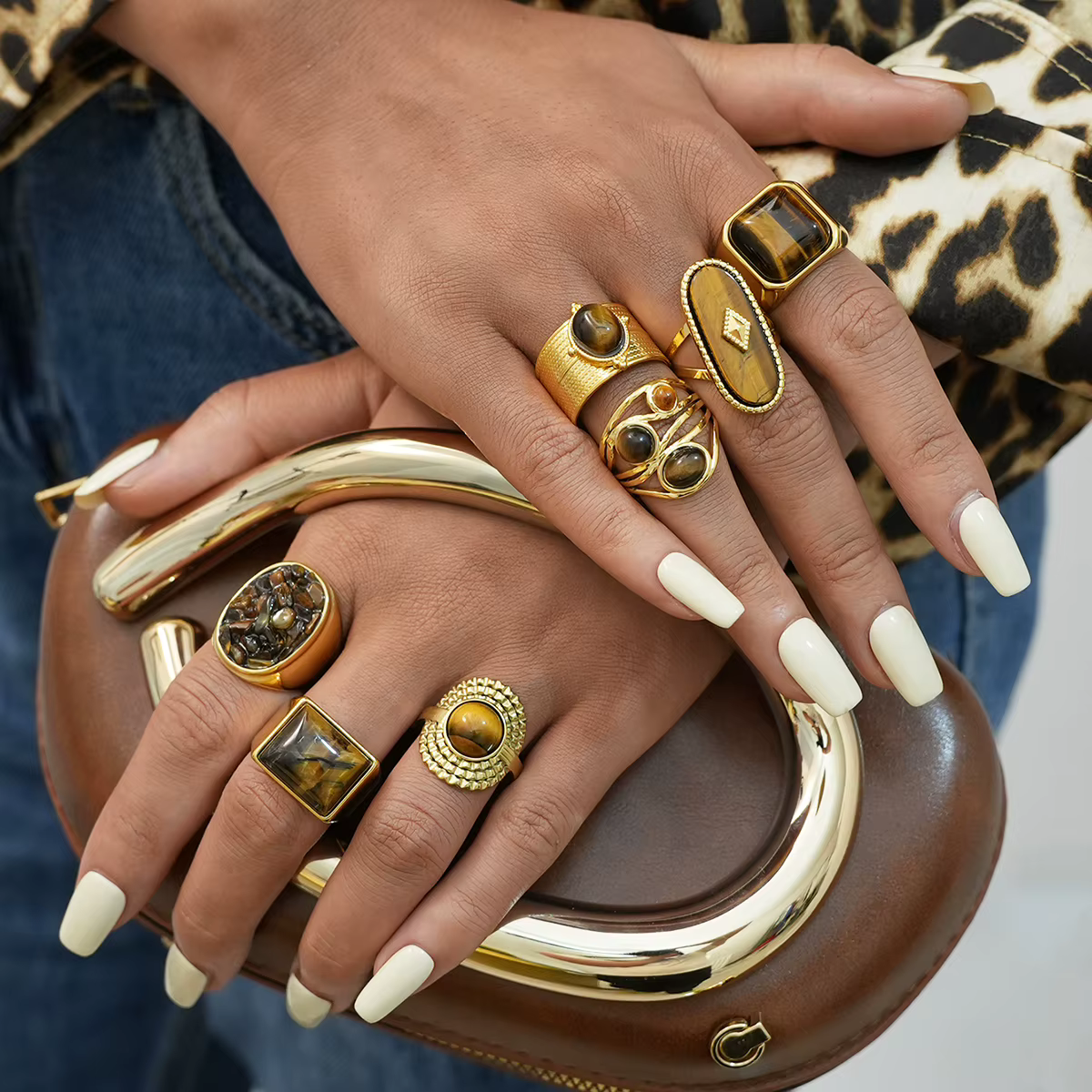 Bague ovale en pierre marron et acier inoxydable pour femmes, anneaux empilés réglables, bijoux cade