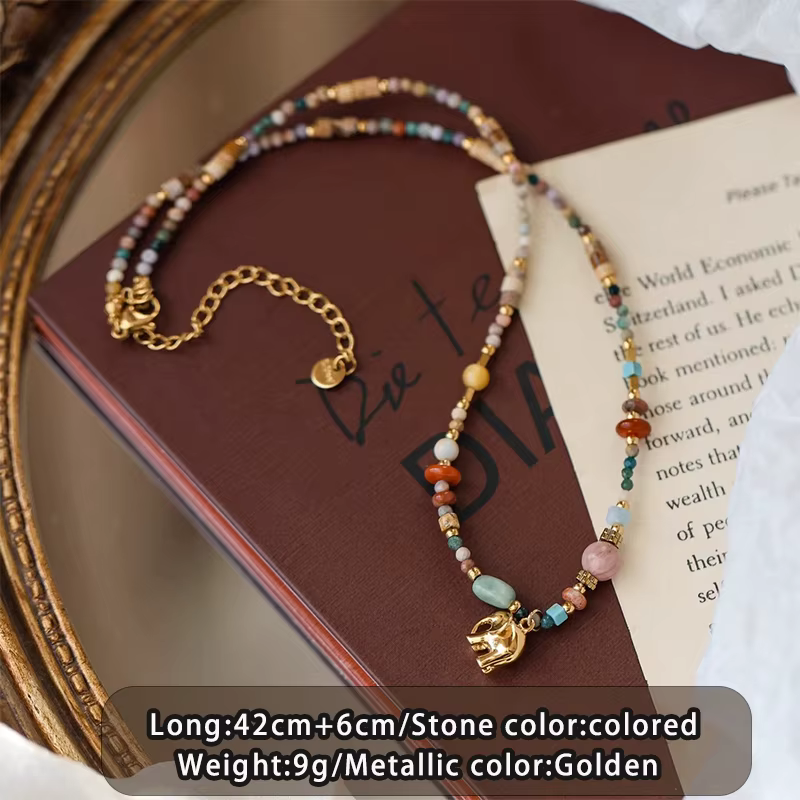 Chaîne de perles en pierre naturelle colorée rétro française, pendentif éléphant en métal, collier,