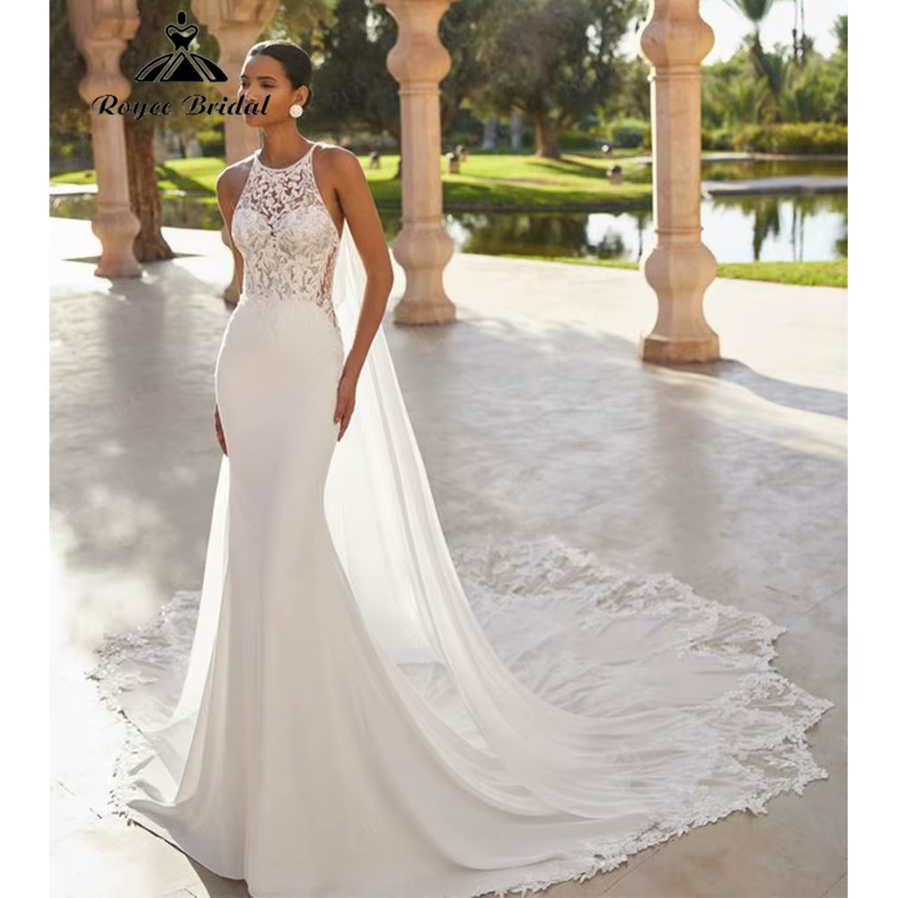 Robe de mariée sirène RoyceBridal avec cape détachable, traîne en dentelle florale, Robe de mariée V