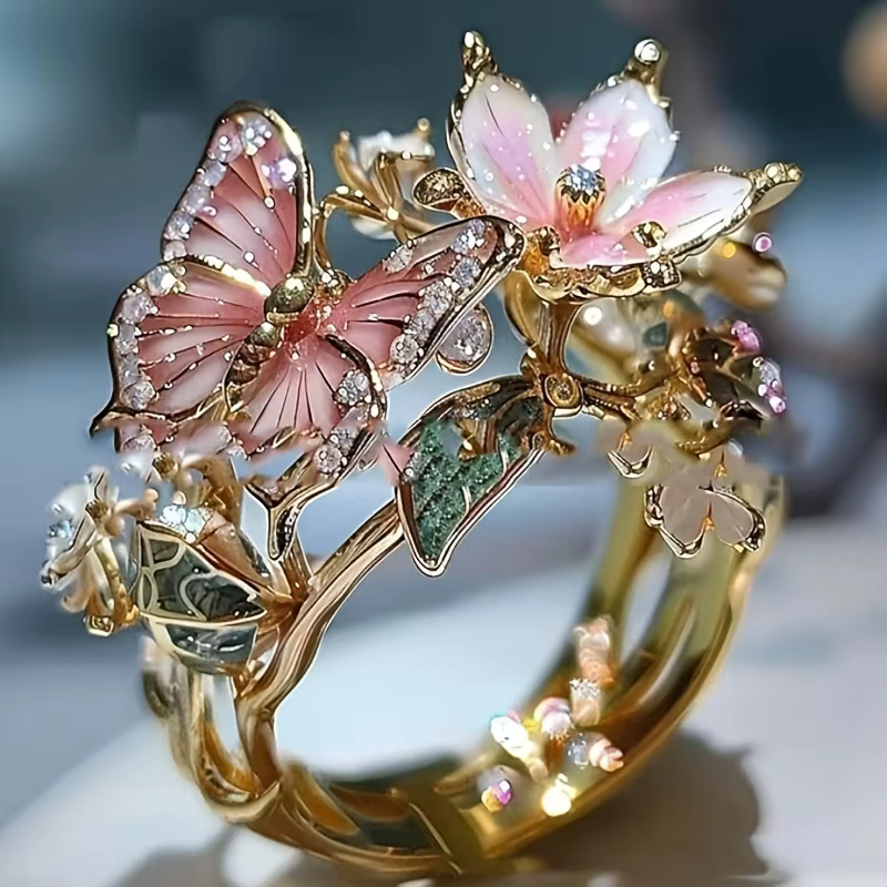 Bagues esthétiques en forme de fleur et de papillon pour femmes, strass romantiques, élégantes, ne s