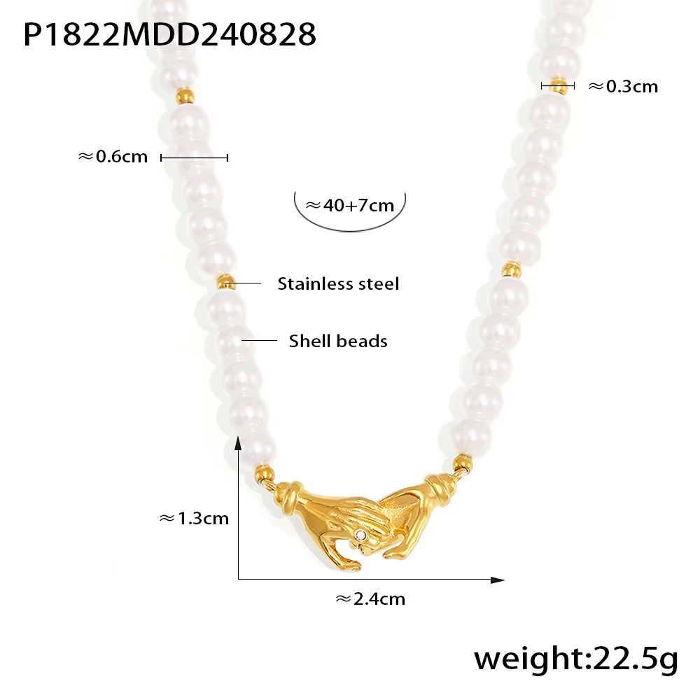 Collier en acier inoxydable avec design main dans la main pour femme, perle d'eau douce, chaîne étan