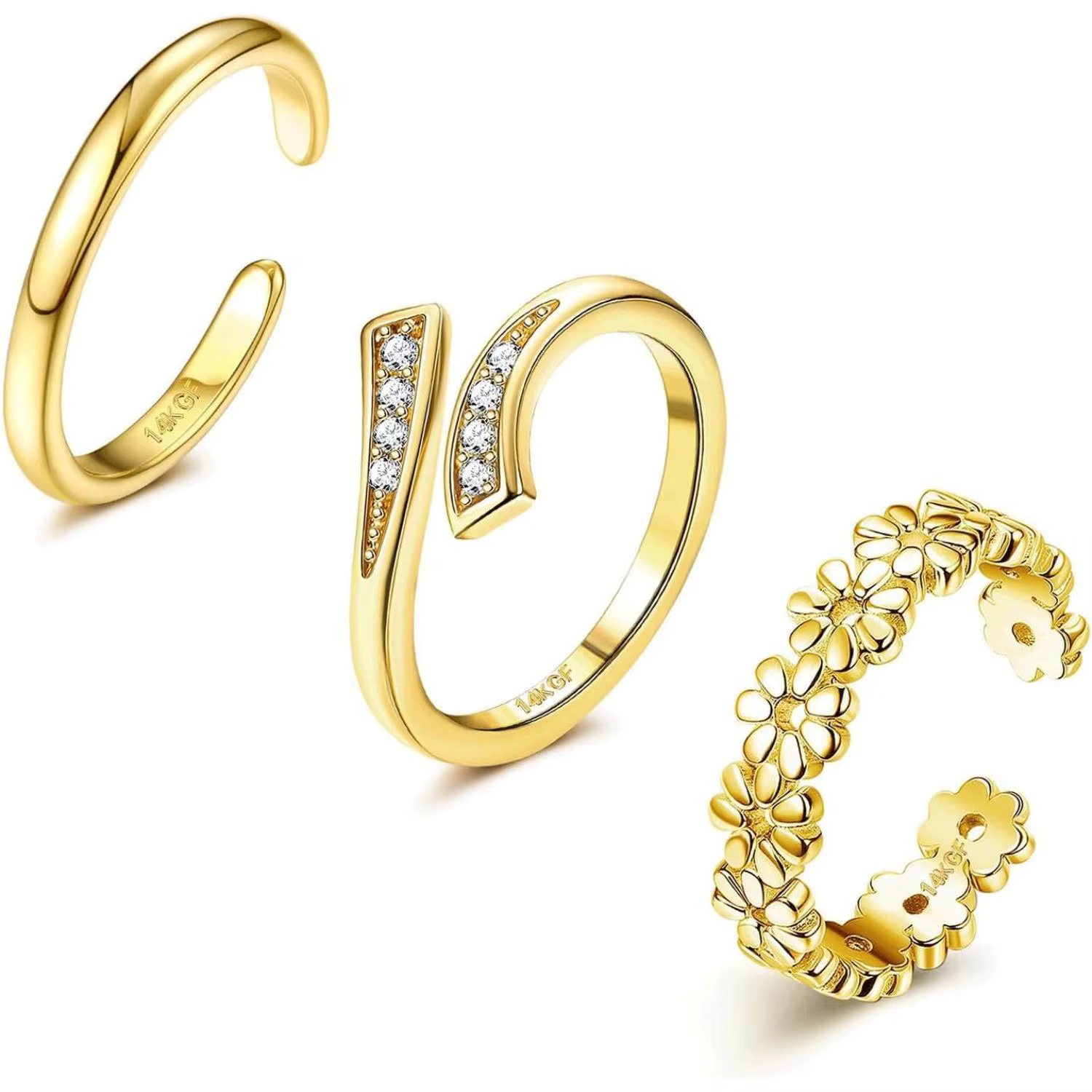 ORAZIO Lot de 3 bagues d'orteil plaquées or 14K pour femme, ajustables, avec opale et fleur margueri
