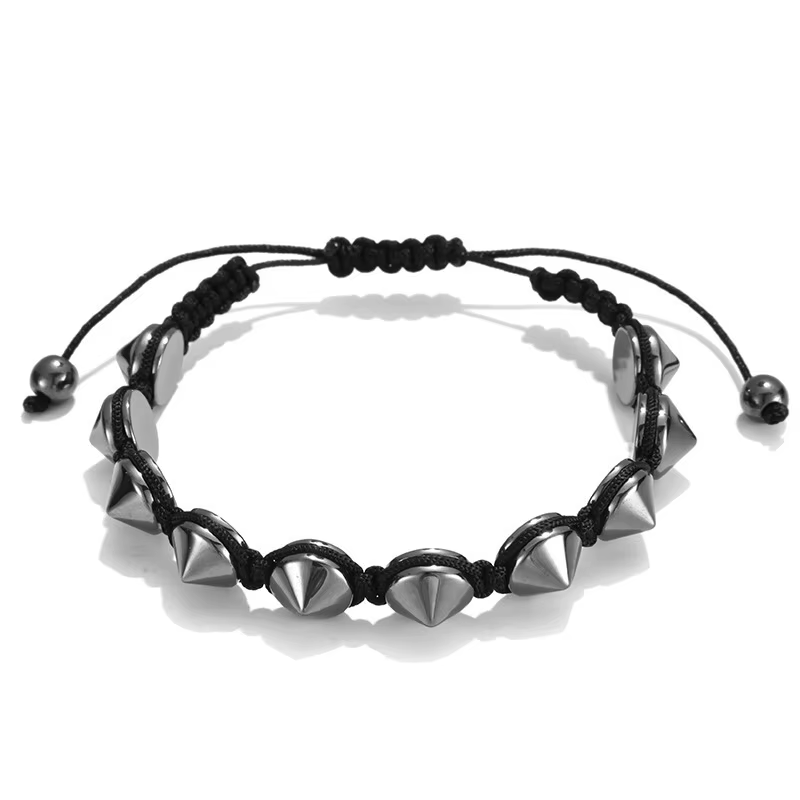 Bracelet ajustable tressé à pointes style punk biker pour homme, avec pierres hématite et rivets, ac